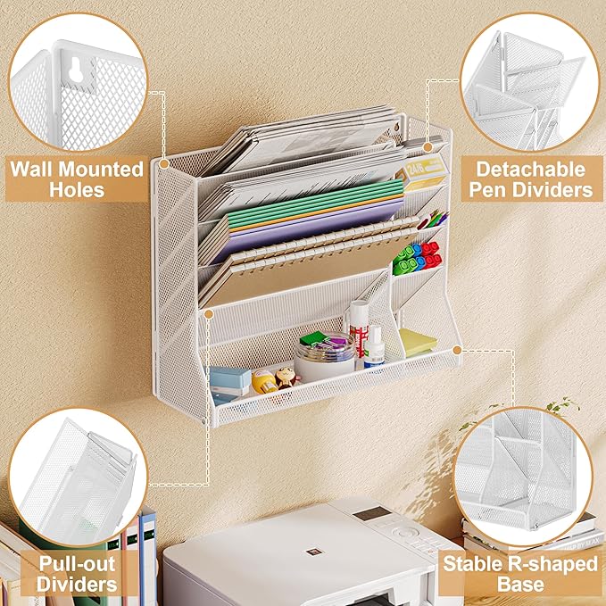 Jakyitvi Wall File Organizer, 5-Tier Hanging Wall File Organizer with R-shaped Bottom Tray, Desk Organizer with 4 Tiers Durable Adjustable Metal & 4 Pen Slots Stable, Wall Organizer for Office, White