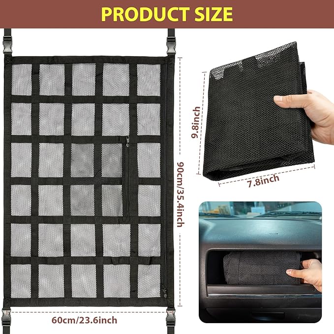 SUV Car Ceiling Cargo Net Pocket,35.4"x23.6" Double-Layer Mesh Car Roof Storage Organizer for Ford,F150,Jeep,Honda CRV,RAV4,Van Organizers and Storage,Camping Accessories