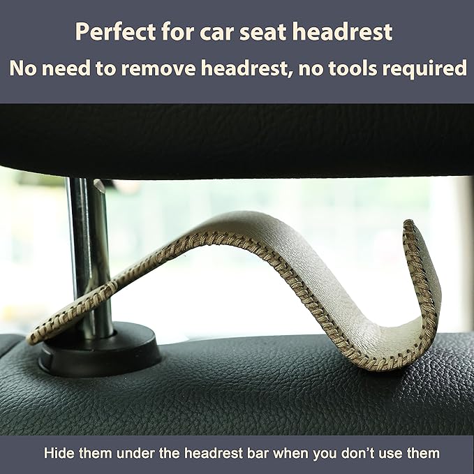 Amooca Car Seat Headrest Hook 4 Pack Metal Core Hanger Universal Car Storage Organizer for Handbag Purse Coat S Type Leather Beige