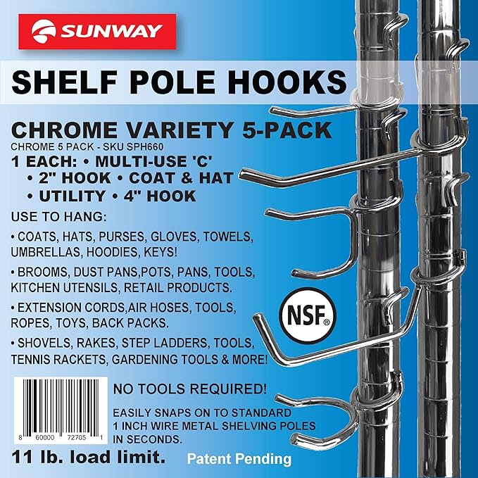 Shelf Pole Hooks 5-Pack | Chrome Variety Pack for Hanging | Snap-On Hooks for 1 Inch Poles | Wire & Metal Shelving Hooks for Kitchen, Garage & Home Organization