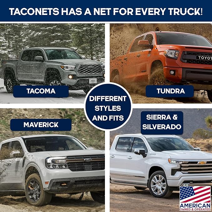 TacoNets Upgraded Highly Elastic Cargo Net, USA Company, Simple Truck Bed Cargo Mesh Organizer, Suitable for Light Loads, Heavy Duty Carabiners, 4'x4' Double Layer
