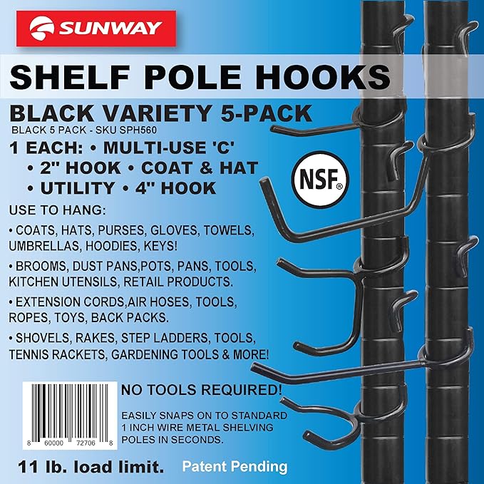 Shelf Pole Hooks | 5-Pack Black 1" Variety Pack Hooks | Snap-On Hanging Hooks for Wire, Metal & Metro Shelving | Heavy Duty Garage, Workshop, Basement & Pantry Storage Hooks