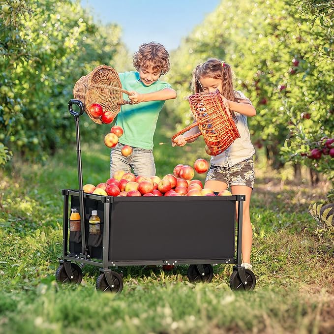 29.3" Collapsible Wagon Cart, 150L Heavy Duty Folding Utility Wagon with Wheels, 260 lbs Load, Portable Rolling Cart for Garden, Shopping, Sports, Camping, Black
