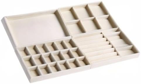 Velvet Jewelry Organizer for Drawer, Stackable Jewelry Drawer Inserts in Dresser, 8in Beige Storage Display Case for Rings Stud Necklaces Accessories, Set of 4