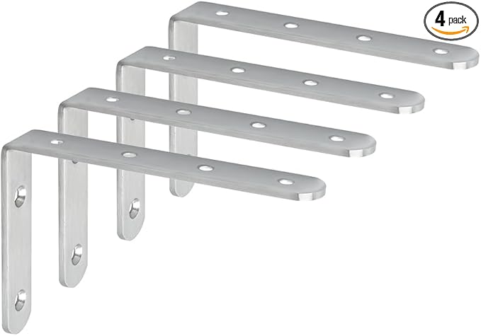 Alise 4mm Thick Shelf Brackets,Floating Shelves Bracket Heavy Duty L Brackets Corner Brace for Walls Wood Board,6X4 Inch Stainless Steel Brackets for Shelves,Brushed Nickel 4 Pcs