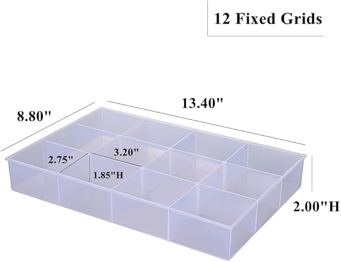 BangQiao 2 Pack Fixed 12 Grids Clear Plastic Organizer Sorting Tray and Transparent Storage Divider Box Container Case for Hardware, Craft, Sewing Kit, Office Supplies, Small Parts