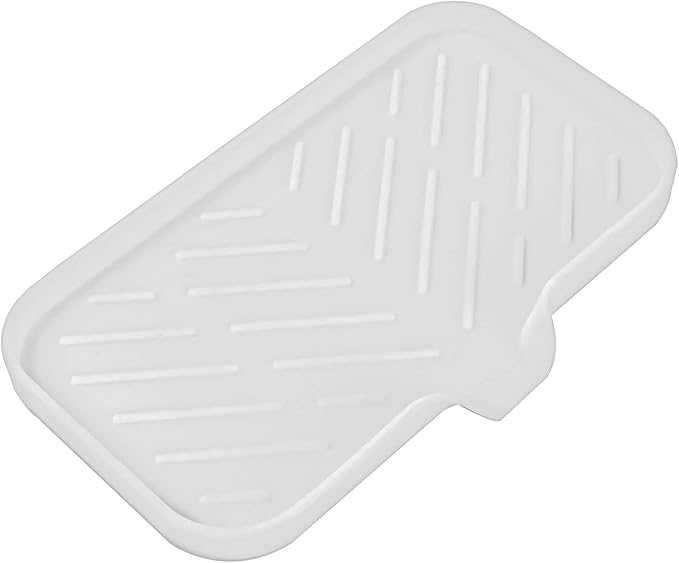 MicoYang Silicone Soap Dish with Drain Spout — Self-Draining Sink Organizer Tray for Bathroom & Kitchen, Sponges, Dispensers & Soap Holder, Non-Slip & Dishwasher Safe, White (Medium, 9.6"×5.3")