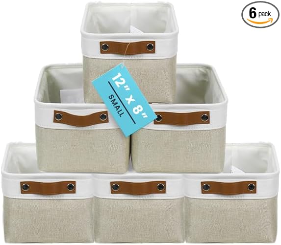 OrganiHaus Small Fabric Storage Baskets 6 Pack, 12x8in Cloth Storage Bins for Shelves, Small Baskets for Organizing Bathroom Pantry Closet, Canvas Shelf Baskets, Beige/Off-White