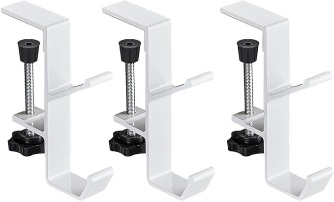 YUANQIAN Clamp-On Under Desk Headphone Holder Backpack Hook Students' Desk Hook with Adjustable Arm Clamp Women's Bag Handbag and Purse Holder -Suitable for Plate Between 1-5cm (3Pack White, 3)