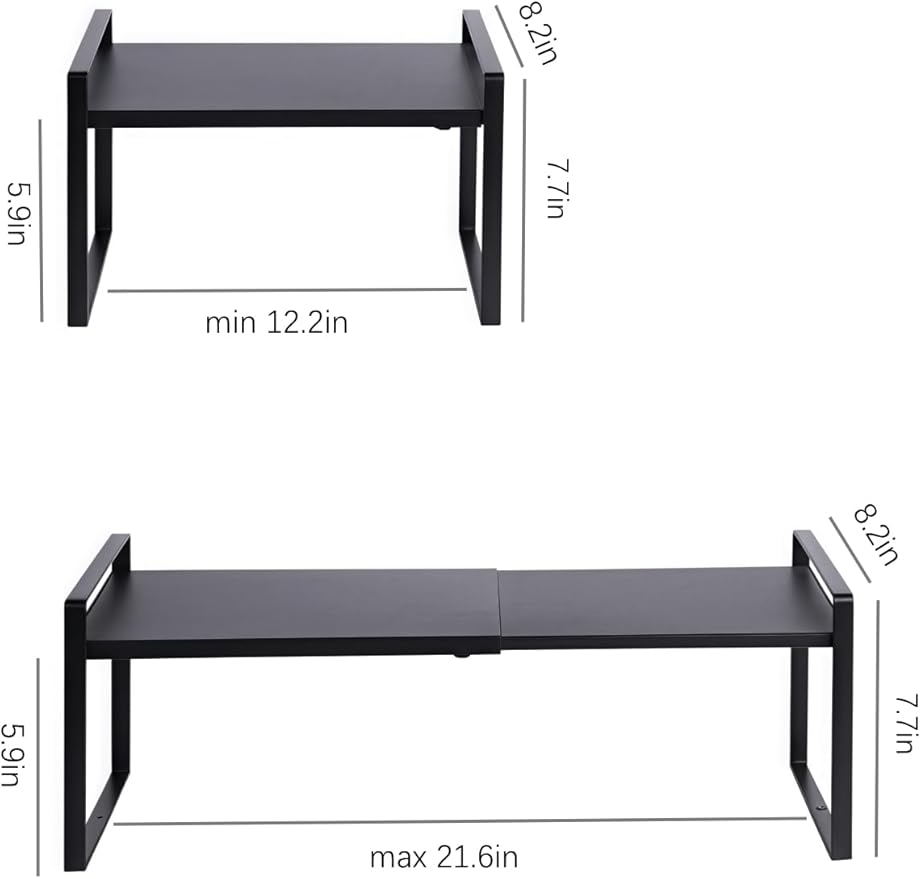 2-Pack Expandable Shelf Organizer for Kitchen Countertop, kitchen organizers and storage，under sink expandable shelf organizer (black, 8.2’’D * 12.2-21.6’’W * 7.7’’H)