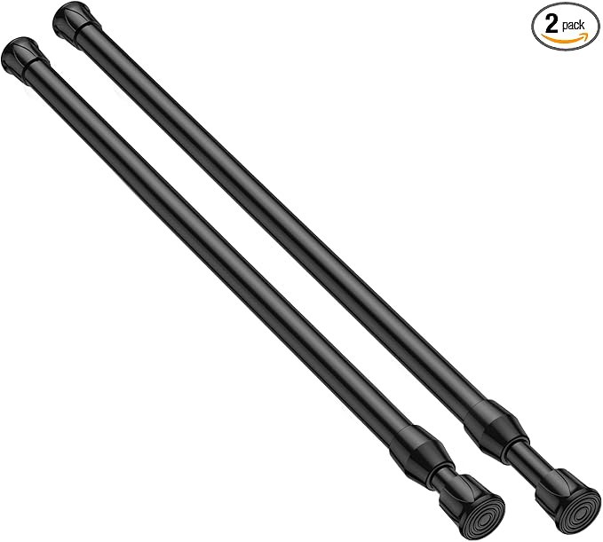 2 Pack Spring Tension Curtain Rod 17 to 28 Inch, DIY Small Curtain Rods No Drill for Window Cupboard Closet Kitchen Cabinets, Black