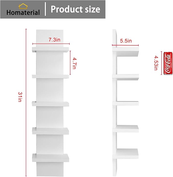 Homaterial 5 Tier Wall Shelf Unit, Decorative Wall Mount Vertical Shelving,Modern Column Floating Shelves for Bedrooms, Bathrooms 5.5" x 7.2" x 31"(Rustic Brown)
