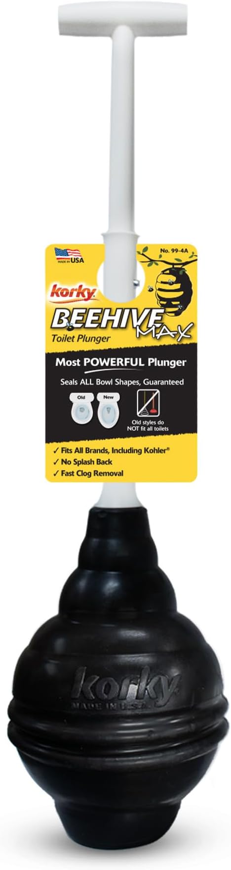 Korky BeehiveMAX Heavy Duty Toilet Plunger - Seals All Bowl Shapes – Powerful Clog Removal