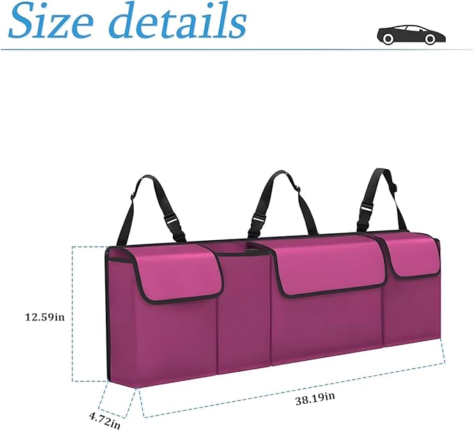 Car Trunk Organizer, Backseat Hanging Storage with 4 Large Pockets, Collapsible Cargo Bag with Adjustable Straps Frees Trunk Floor, Sturdy Space Saving Expert for SUV, Truck, Van (Purple)