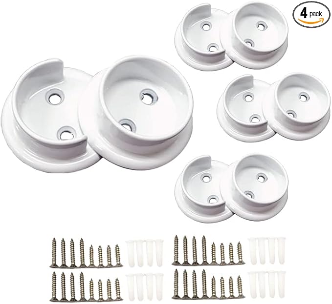 QCAA Heavy Duty Solid Metal Closet Rod Socket Set, 1-3/8'', Matte White, 4 Pair, Made In Taiwan
