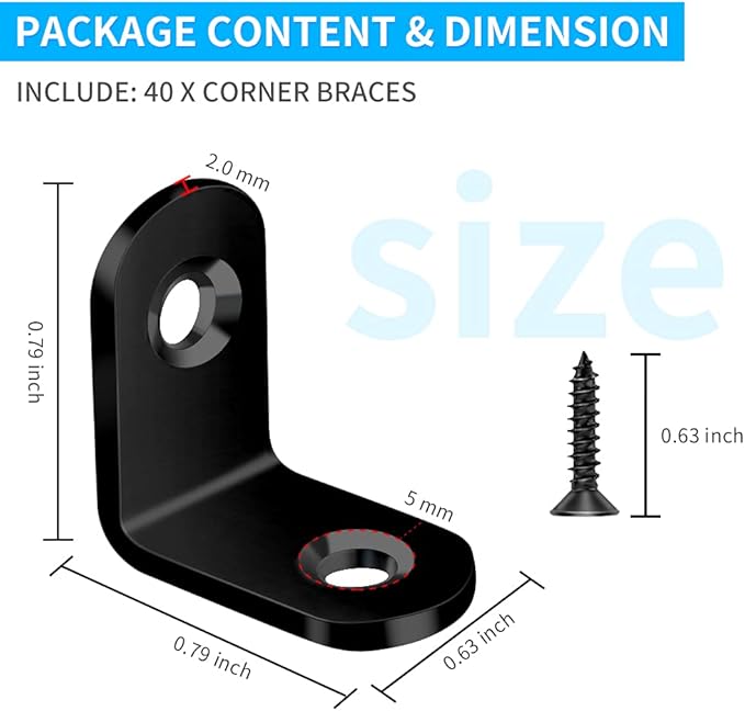 FATLODA 40PCS L Bracket, Metal Black Corner Brace, Stainless Steel Joint Right Angle Bracket Fastener for Wood Chair Bookshelf Furniture Cabinet with 80PCS Screws (20mmx20mm)