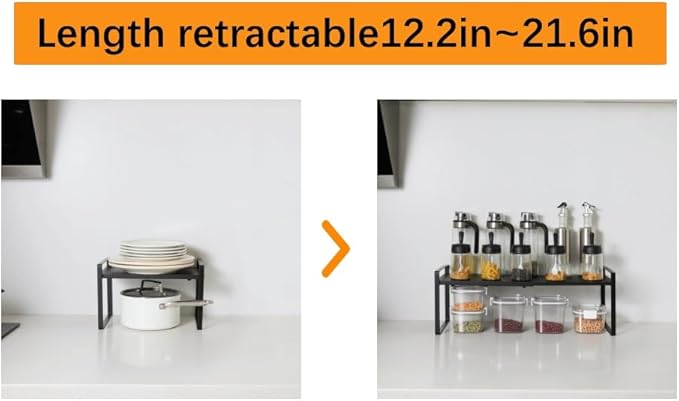 2-Pack Expandable Shelf Organizer for Kitchen Countertop, kitchen organizers and storage，under sink expandable shelf organizer (black, 8.2’’D * 12.2-21.6’’W * 7.7’’H)