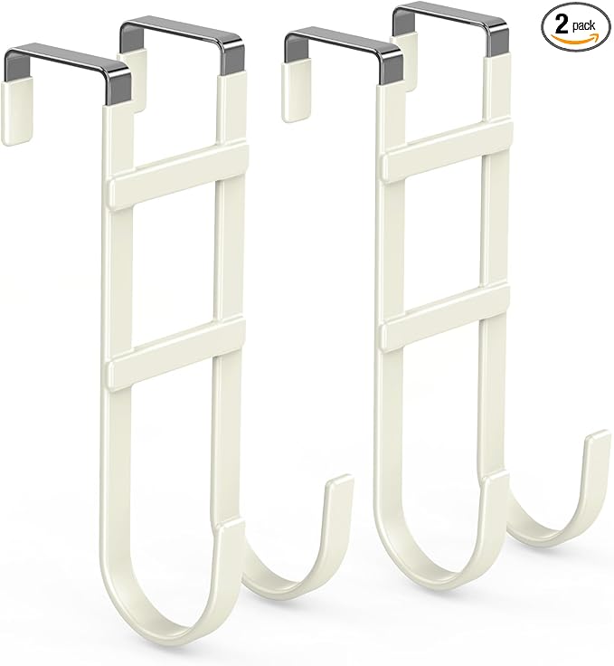 FYY Over The Door Hooks - 2 Pack Heavy Duty Double-Hanger Organizer for Bathroom Bedroom Dorm, Hanging Clothes Towels Hats Bags Ironing Board Wreath Robe - Fits Interior Doors Up to 1.6” Beige
