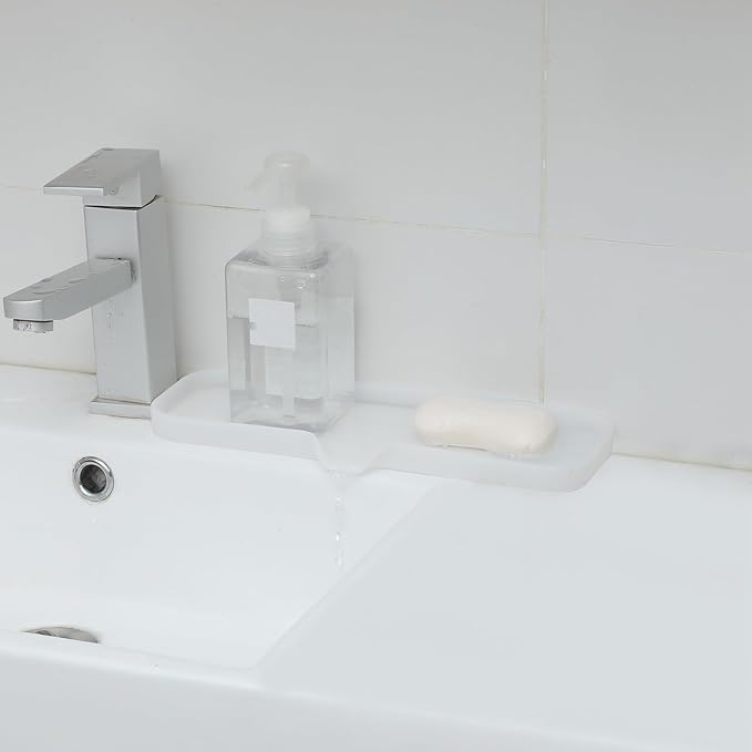 MicoYang Silicone Soap Dish with Drain Spout — Self-Draining Double Sink Organizer Tray for Kitchen & Bath, Dispensers, Sponges & Soap Holder, Non-Slip & Dishwasher Safe, Translucent (Large, 12"×4")