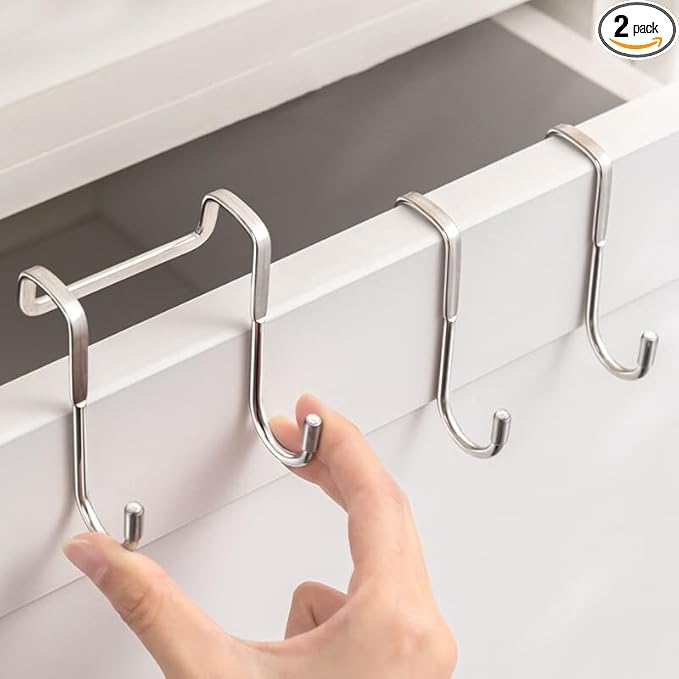 Over The Door Hooks, Stainless Steel Double Hooks, No Drill Cabinet Hooks for Kitchen Cabinet, Bathroom, Wardrobe, Office, Dormitory (6pcs)