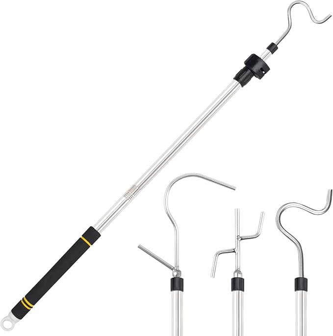 Clothes Hook Pole, High Reach Garment Hook 38“ - 63” Telescoping Pole with 3 Hooks and Foam Handle for Hanging Clothes String Lights Plants Grabbing Trunk Cargo Shelf Items