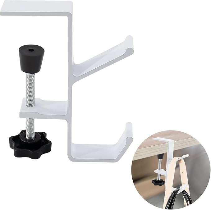 YUANQIAN Clamp-On Under Desk Headphone Holder Backpack Hook Students' Desk Hook with Adjustable Arm Clamp Women's Bag Handbag and Purse Holder -Suitable for Plate Between 1-5cm (4Pack White, 4)