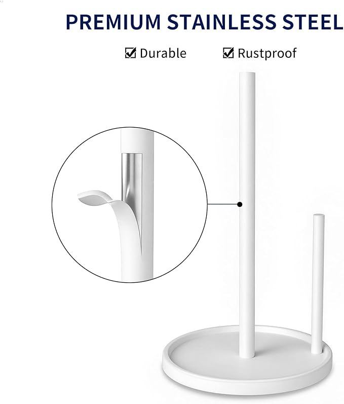 Jesginboo Paper Towel Holder Countertop, White Kitchen Paper Towels Holder, Paper Roll Holder with Weighted Base