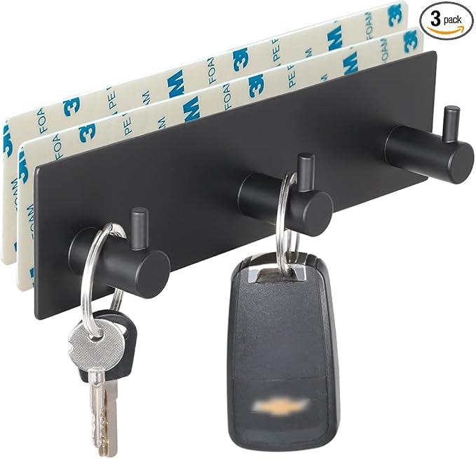 VIRFIN Key Holder for Wall with 2 Self-Adhesive Tapes, No Damage Key Holder Rack for Wall with 3 Key Hooks for Entryway, Door, Bathroom, Kitchen(Black)
