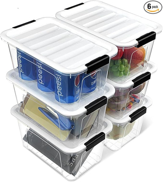 EOENVIVS Plastic Storage Bins with Lids 6 Pack, 7 Quart Storage Containers with Black Buckle Latch, Stackable Storage Containers for Home Pantry Office Classroom Organization, White