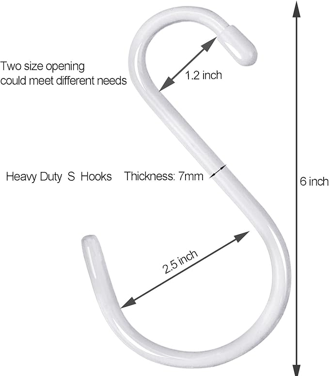 DINGEE 6 inch Non Slip Rubber Coated White S Hook Heavy Duty,6 Pack Large Vinyl Coated S Hooks, Metal S Shaped Hanger Hooks for Hanging Plants Outdoor,Closet Rod,Jeans, Pot Pan Cups Towels Hats