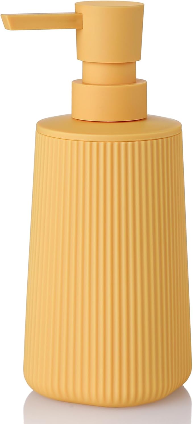 Small Soap Dispenser for Bathroom and Kitchen, Modern Farmhouse Striped Style Plastic Hand Soap Dish Soap Dispenser with Pump Matte Yellow