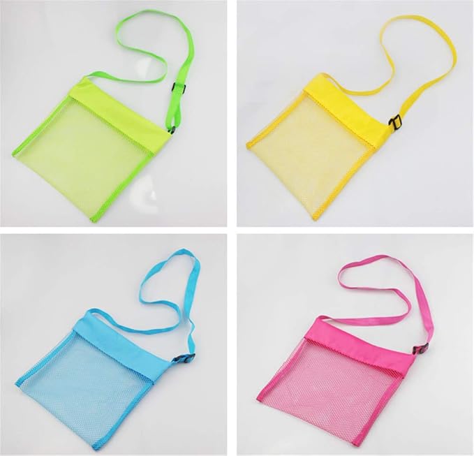 COTDINFORCA 5-PCS Colorful Mesh Beach Bags Sand Away Portable Foldable Sea Shell Bag with Adjustable Carrying Straps/Toy Storage Bag [Yellow, Rose, Purple, Green, Blue] Set of 5 Beach Bags