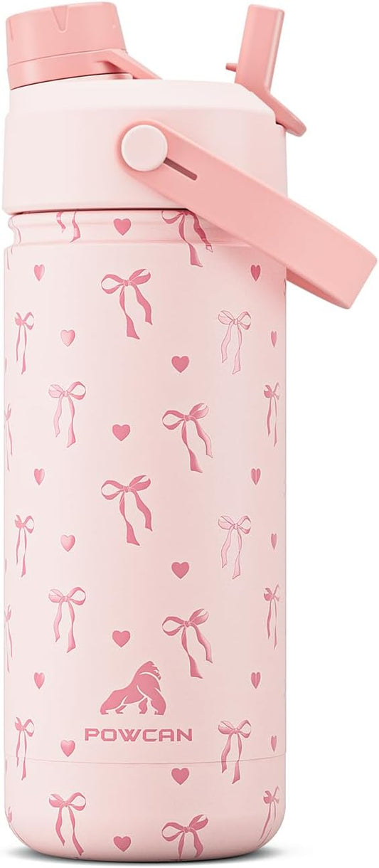 18 oz Insulated Water Bottle for Teens Girls: 2-in-1 Straw Spout Lid, Leakproof, BPA-Free, Easy Carry, 24H Cold, Cute Patterns, Insulated Stainless Steel Cup for School, Travel, Gift (Sweetheart Bow)