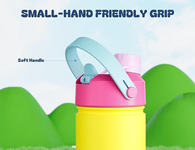 12 oz Kids Insulated Water Bottle for School: 2-in-1 Straw Spout Lid, Leakproof, BPA-Free, Keep Cold 24H, Reusable Stainless Steel Cup for Travel, Camping, Birthday Gift for Boys Girls (Lemon Pop)