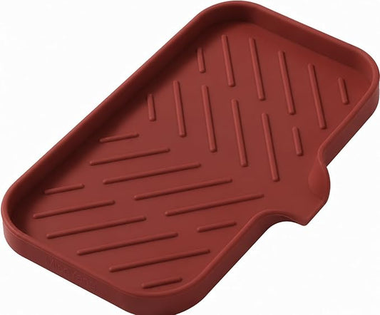 MicoYang Silicone Soap Dish with Drain Spout — Self-Draining Sink Organizer Tray for Bathroom & Kitchen, Sponges, Dispensers & Soap Holder, Non-Slip & Dishwasher Safe, Red (Medium, 9.6"×5.3")
