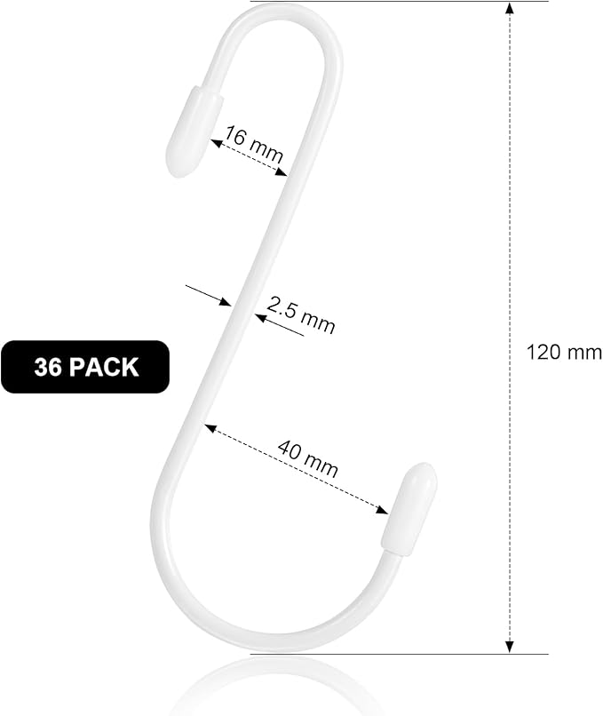 Hotop 36 Pcs White S Hooks for Hanging 4.7 Inch Heavy Duty S Shaped Hook Rack Metal Non Slip Hanger for Christmas Tree Stocking Kitchen Pot Utensils Closet Wire Bathroom Bedroom Pan Bag Towel Plant