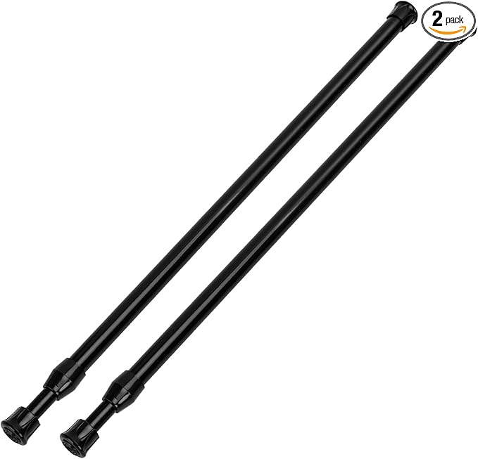 2 Pack Tension Curtain Rod 15.7-28 Inch, Small Short Adjustable Extendable Spring Loaded Rods for Windows Cabinet Blinds Closet Bedroom Kitchen Bathroom Door No Drilling, Black