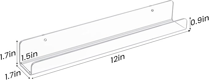 upsimples 10 Pack Clear Acrylic Shelves, 1.7" x12" Clear Wall Shelves for Nail Polish, Vinyl Wall Mount, Record Holder, Magazine Rack, Comic Display, Picture Ledge Shelf Décor