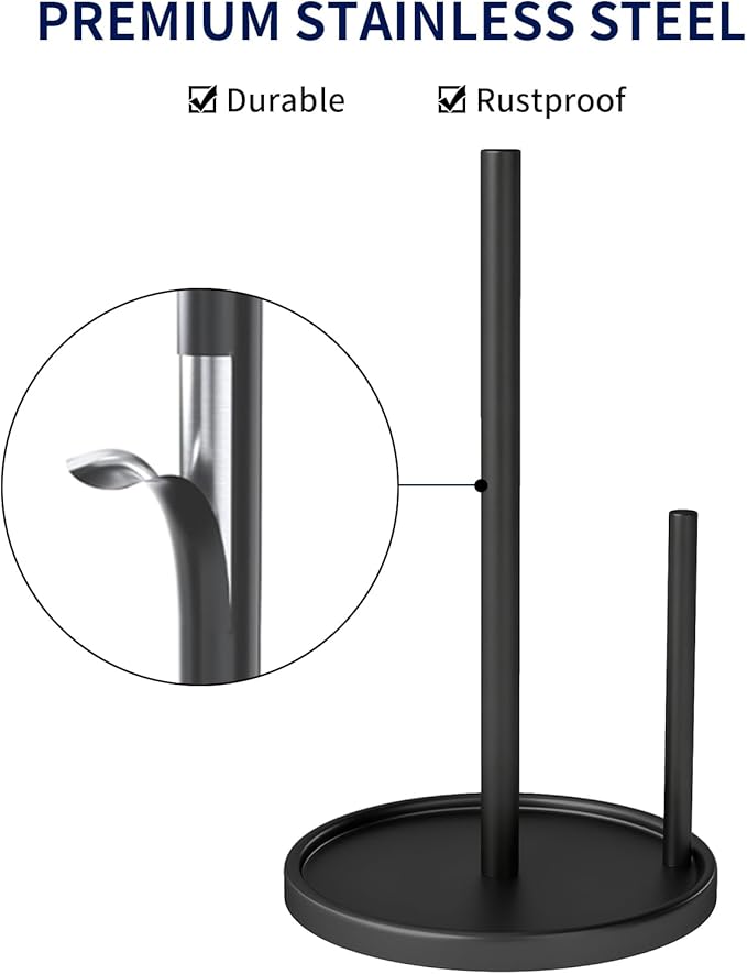 Jesginboo Paper Towel Holder Countertop, Black Kitchen Paper Towels Holder, Paper Roll Holder with Weighted Base