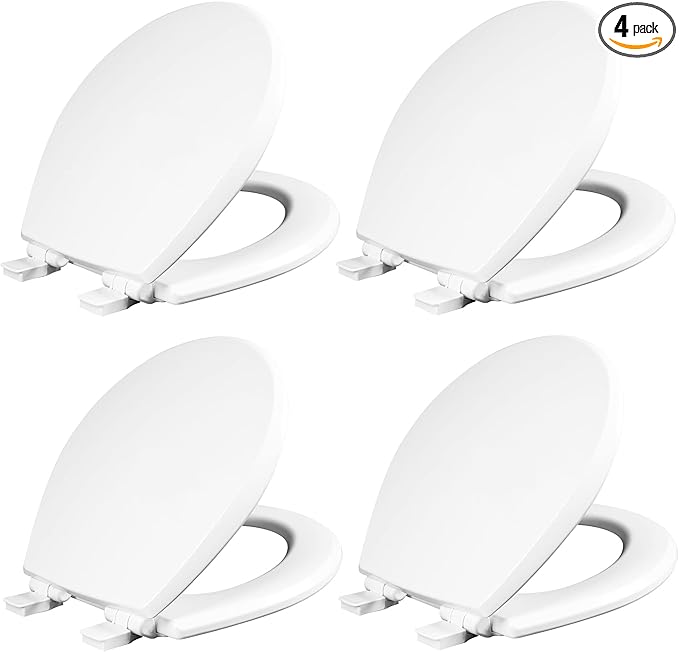 Mayfair Cassel Slow Close Toilet Seat, Easy Clean, Non Slip Premium Wood Seat, Easy Install, Made in USA, Round, White, 4-Pack