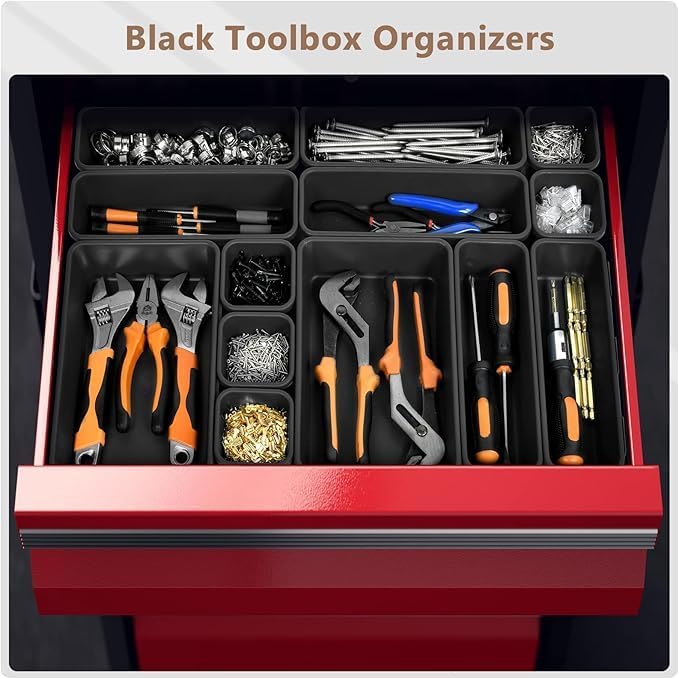 A-LuGei 【𝟲𝗦𝗜𝗭𝗘 & 80PCS Tool Box Organizer【Fits 100+ Tools】 Black Garage Organization and Storage Tray Divider Set, Desk Drawer Organizer, Toolbox for Rolling Tool Chest Cart WorkBench Small Part