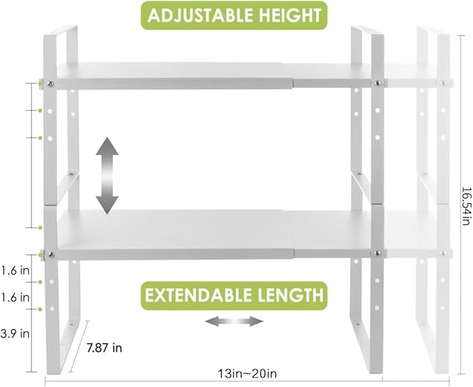 Expandable Cabinet Shelf Organizer Rack, Stackable Kitchen Counter Storage Shelves Stand, Adjustable Height Pantry Shelf Spice Rack (White, 2 Pack)