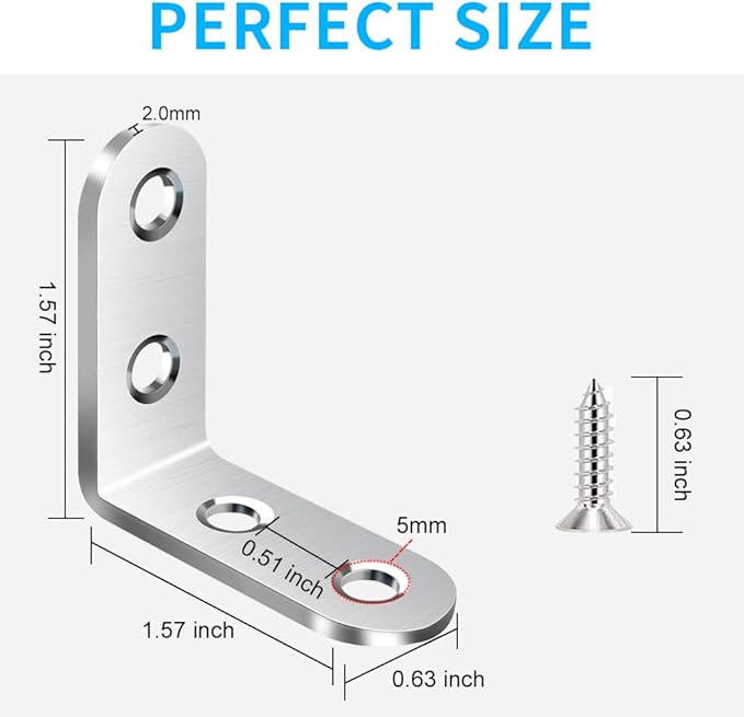 18PCS L Bracket, Stainless Steel Corner Brace for Wood, Metal Right Angle Bracket for Furniture with 72PCS Screws (1.57 x 1.57 inch)