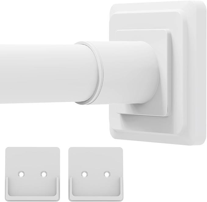 White Shower Curtain Rod,Spring Tension Curtain Rod 30-76”,No Drill or Screw Installation Shower Rod for Bathroom, Closet, Kitchen with Brackets