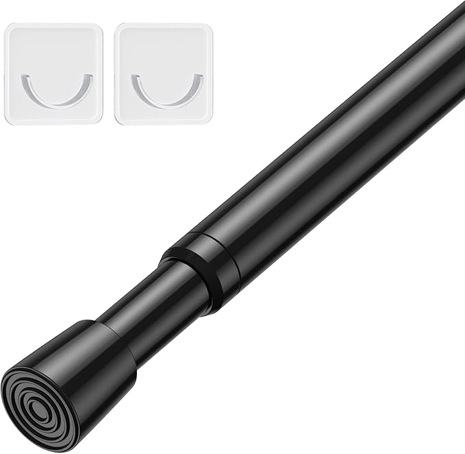 Tension Curtain Rod 26-39 Inch No Drilling Spring Loaded Curtain Rods Adjustable Extendable Tension Rods for Window Closet Bookshelf Kitchen Bathroom, Black