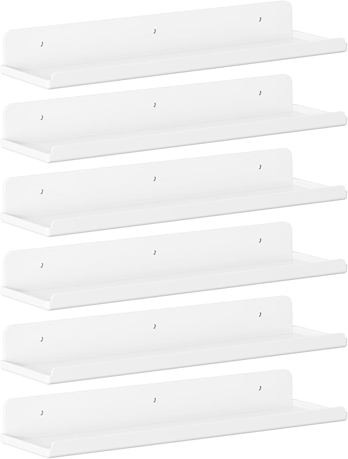 Lifewit Floating Shelves for Bathroom, Acrylic Wall Organizer for Perfume, Makeup, Figures, Nail Polish, Photo, Book, 14" Decor Display Rack for Nursery, Living Room, Bedroom, Kitchen, White, 6 Pack