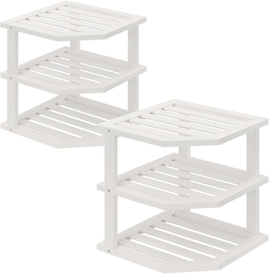 VERTORGAN 3 Tier Bamboo Corner Shelf(2 Pack),Dish Drying Rack,Plate Organizer,Kitchen Spice Rack for Countertop and Cabinet(White)