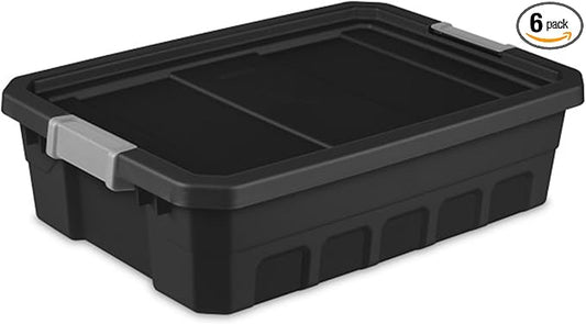Sterilite 6-Pack 10 Gallon Stacker Tote, Rugged Plastic Storage for Home Organization, Black - Stackable Organizer Bins with Recessed Lid & Heavy-Duty Latches for Closet, Basement, Garage and Attic