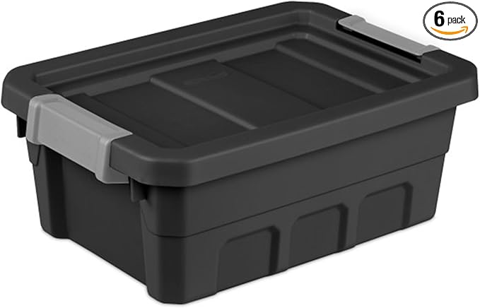 Sterilite 6-Pack Plastic Storage Bins with Lids, Stackable Containers, 4 Gallon, Black