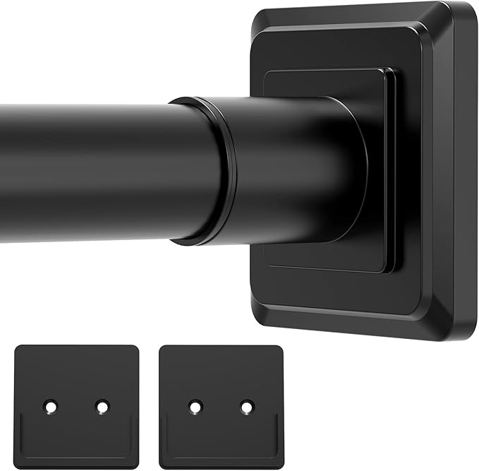 Black Shower Curtain Rod,Spring Tension Curtain Rod 30-64”,No Drill or Screw Installation Shower Rod for Bathroom, Closet, Kitchen with Brackets